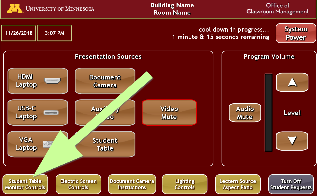 touch panel controls, showing the sub-menu for student table control in the lower left corner