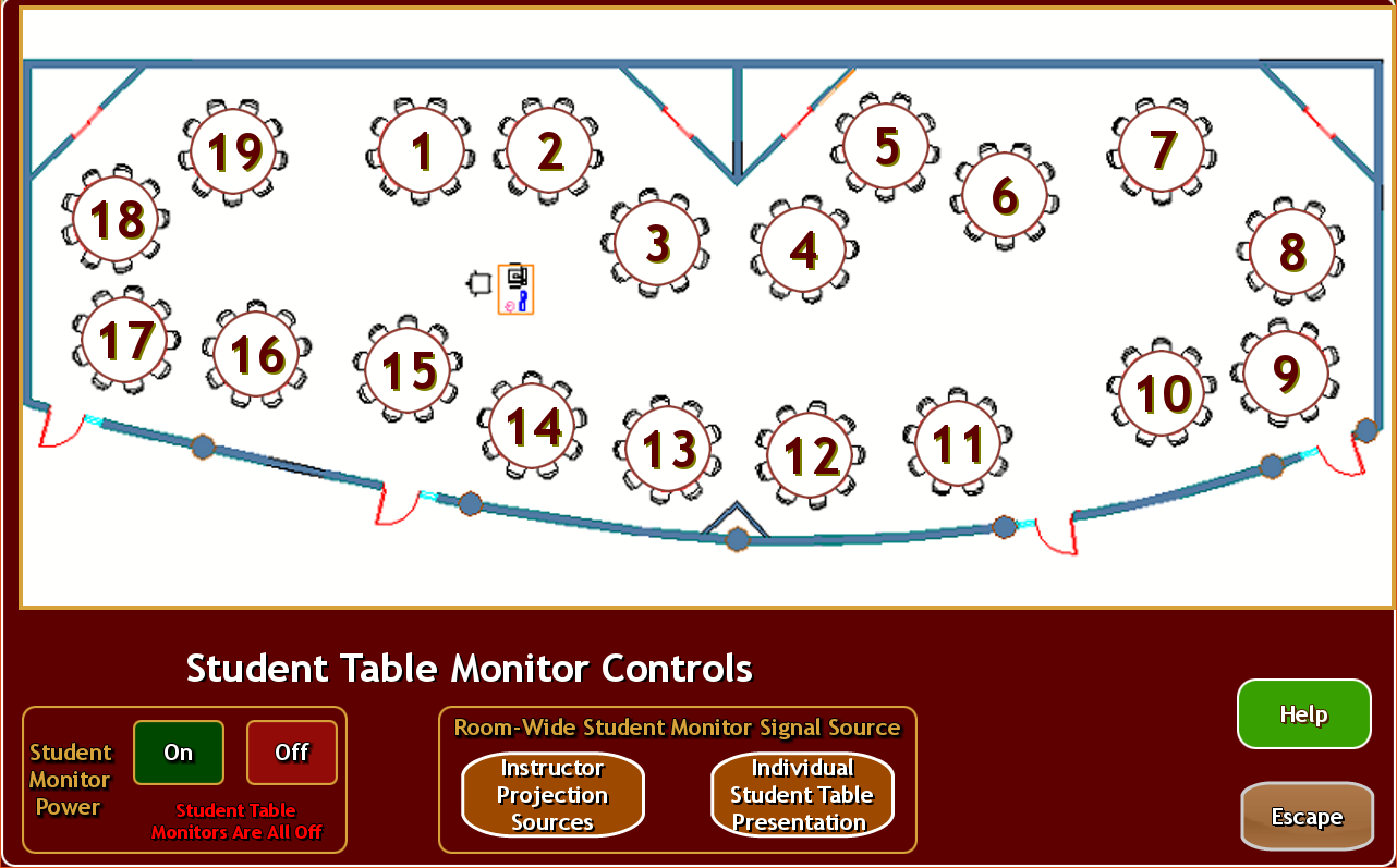 touch panel control for student table, showing layout of the room